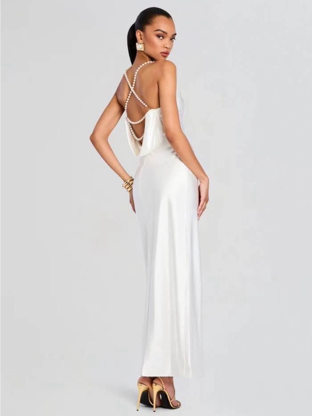 Retrofete White Satin Cowl-Back Maxi Dress with Pearl Straps